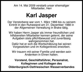 Traueranzeige von Karl Jasper von Nordwest-Zeitung