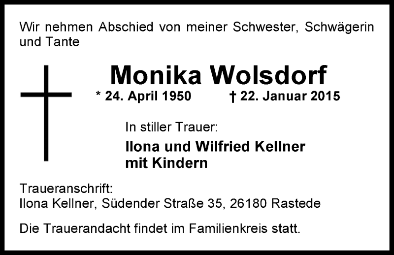  Traueranzeige für Monika Wolsdorf vom 27.01.2015 aus Nordwest-Zeitung