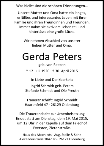Traueranzeige von Gerda Peters von Nordwest-Zeitung