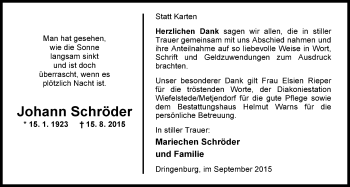 Traueranzeige von Johann Schröder von Nordwest-Zeitung