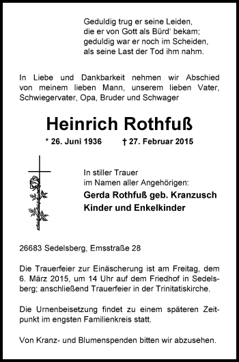 Traueranzeige von Heinrich Rothfuß von Nordwest-Zeitung
