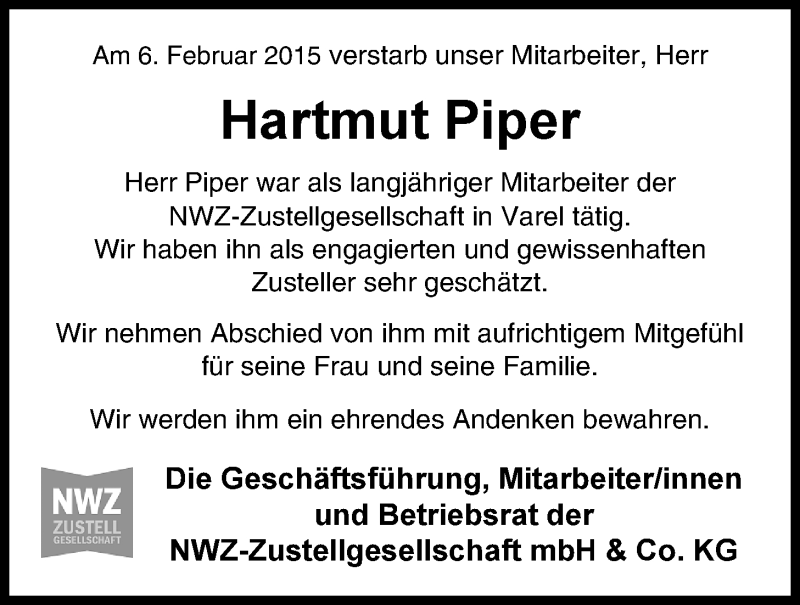  Traueranzeige für Hartmut Piper vom 18.02.2015 aus Nordwest-Zeitung