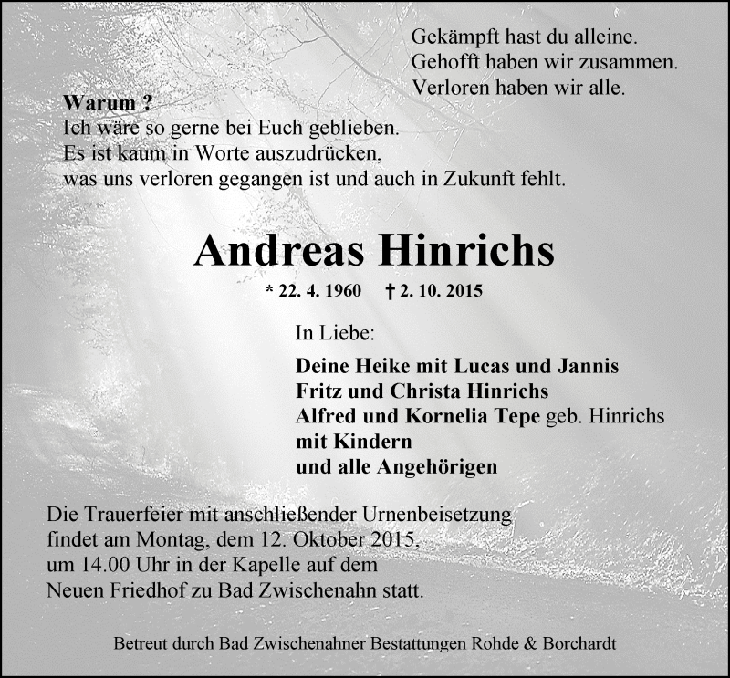  Traueranzeige für Andreas Hinrichs vom 07.10.2015 aus Nordwest-Zeitung