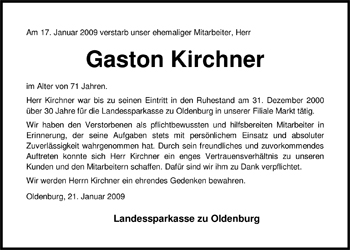 Traueranzeige von Gaston Kirchner von Nordwest-Zeitung