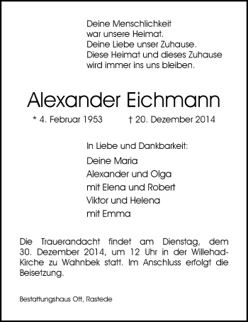 Traueranzeige von Alexander Eichmann von Nordwest-Zeitung