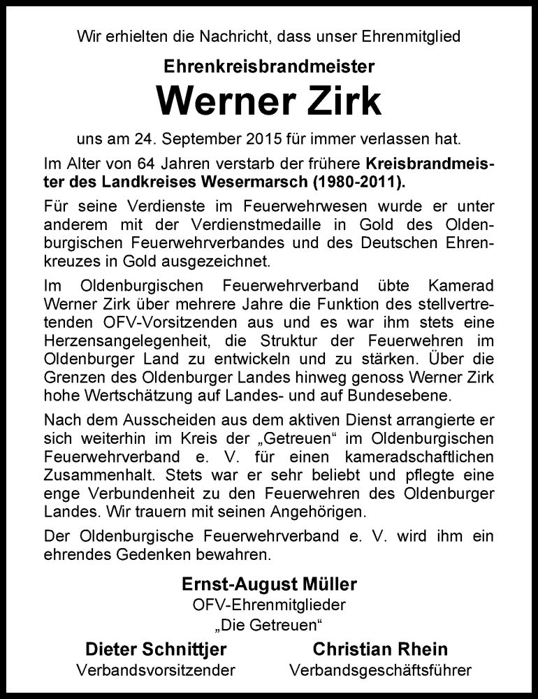  Traueranzeige für Werner Zirk vom 28.09.2015 aus Nordwest-Zeitung