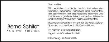 Traueranzeige von Bernd Schildt von Nordwest-Zeitung