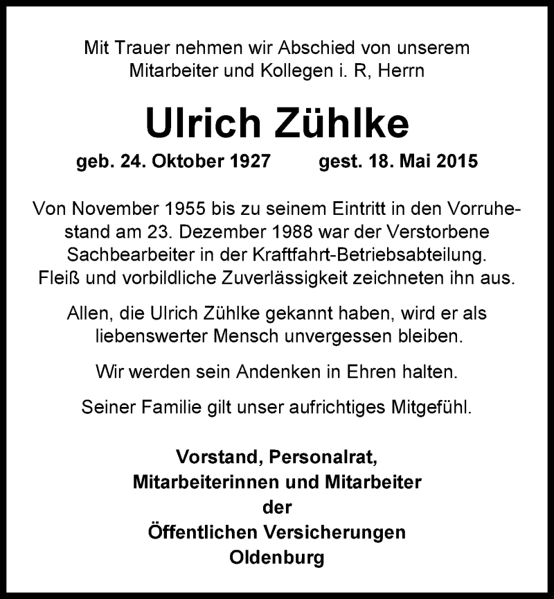  Traueranzeige für Ulrich Zühlke vom 22.05.2015 aus Nordwest-Zeitung