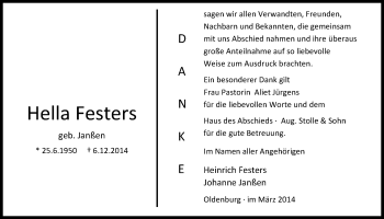 Traueranzeige von Hella Festers von Nordwest-Zeitung