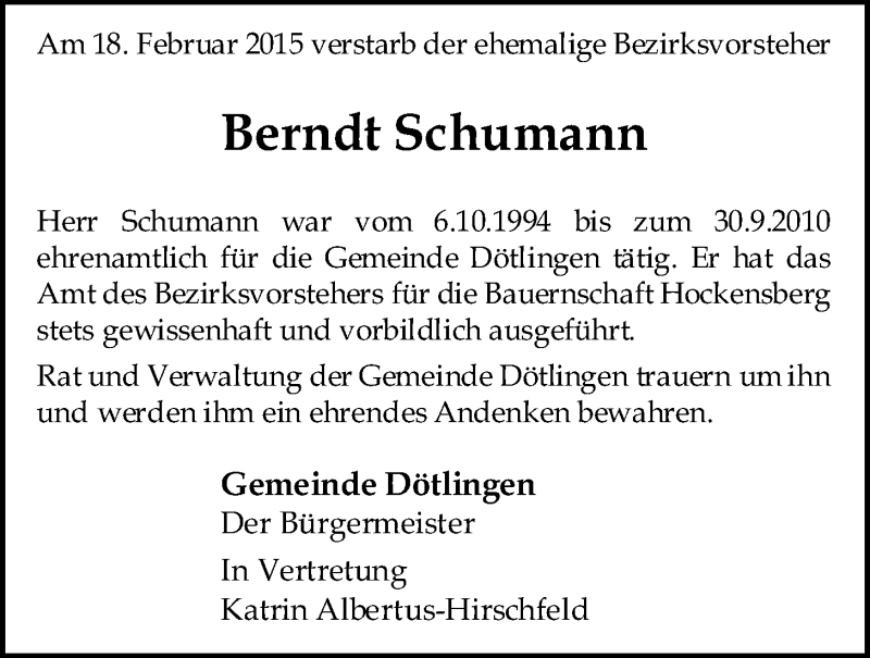  Traueranzeige für Berndt Schumann vom 25.02.2015 aus Nordwest-Zeitung