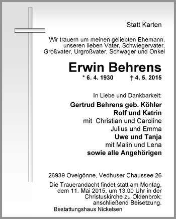 Traueranzeige von Erwin Behrens von Nordwest-Zeitung