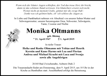Traueranzeige von Monika Oltmanns von Nordwest-Zeitung