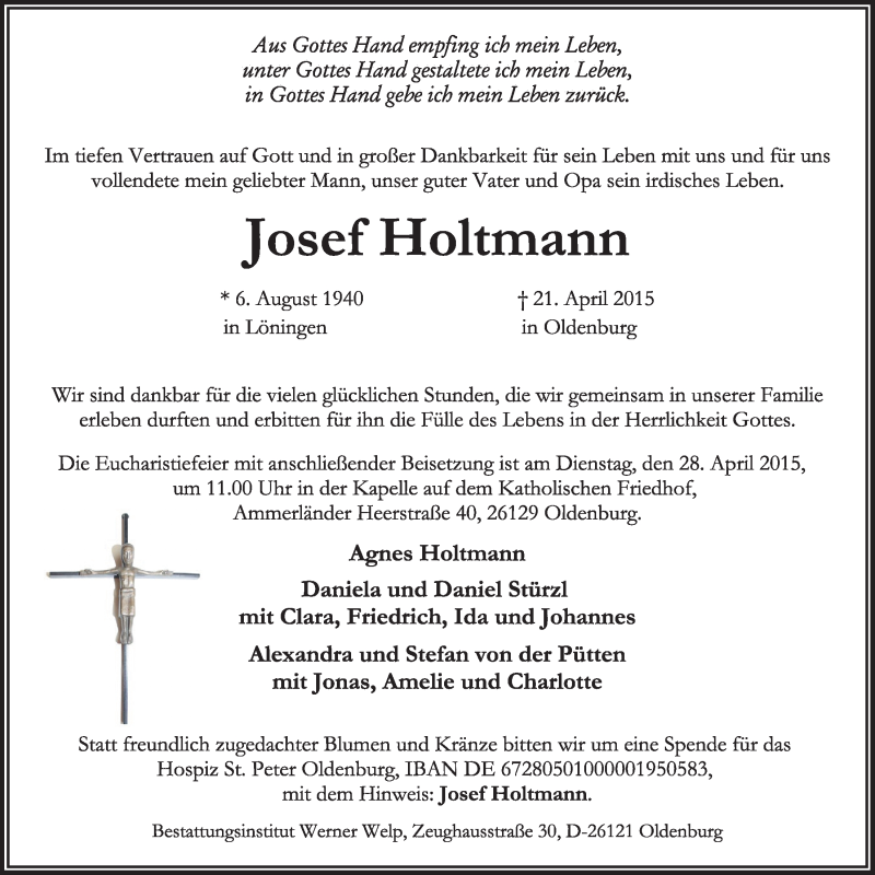  Traueranzeige für Josef Holtmann vom 24.04.2015 aus Nordwest-Zeitung