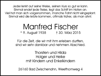 Traueranzeige von Manfred Fischer von Nordwest-Zeitung