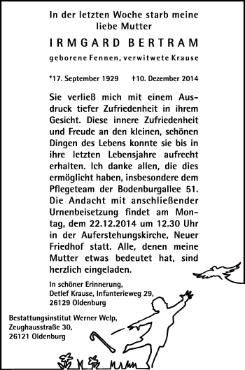 Traueranzeige von Irmgard Bertram von Nordwest-Zeitung