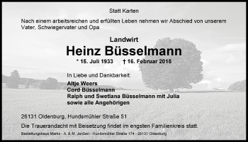 Traueranzeige von Heinz Büsselmann von Nordwest-Zeitung