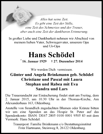 Traueranzeige von Hans Schödel von Nordwest-Zeitung