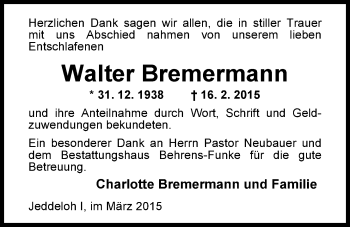 Traueranzeige von Walter Bremermann von Nordwest-Zeitung