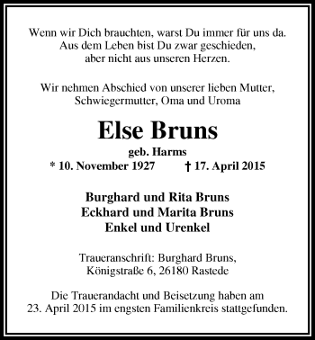 Traueranzeige von Else Bruns von Nordwest-Zeitung