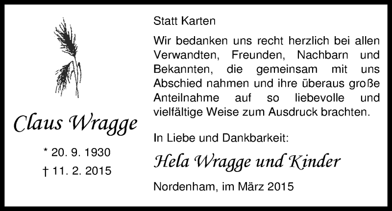  Traueranzeige für Claus Wragge vom 21.03.2015 aus Nordwest-Zeitung