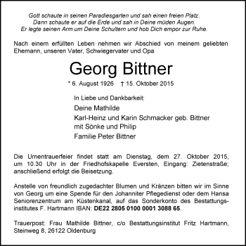Traueranzeige von Georg Bittner von Nordwest-Zeitung