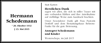 Traueranzeige von Hermann Schedemann von Nordwest-Zeitung