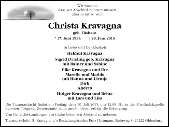 Traueranzeige von Christa Kravagna von Nordwest-Zeitung