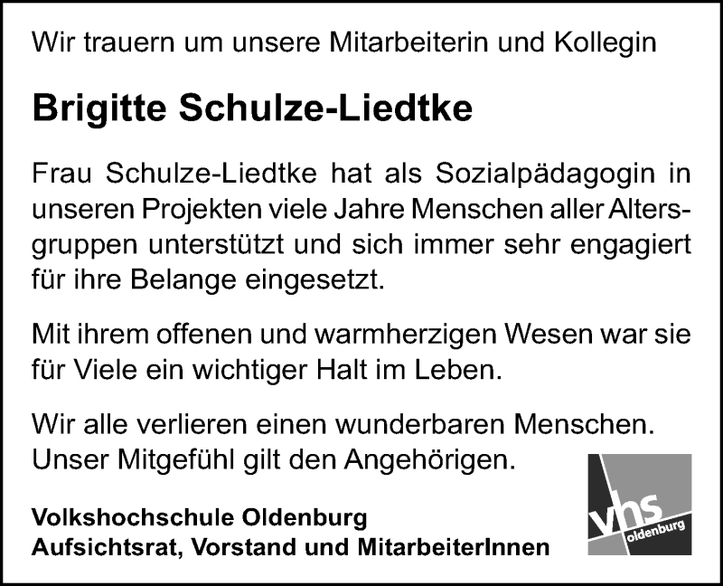  Traueranzeige für Brigitte Schulze-Liedtke vom 02.05.2015 aus Nordwest-Zeitung