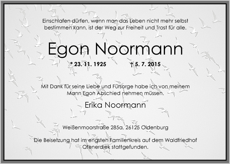 Traueranzeige für Egon Noormann vom 27.07.2015 aus Nordwest-Zeitung