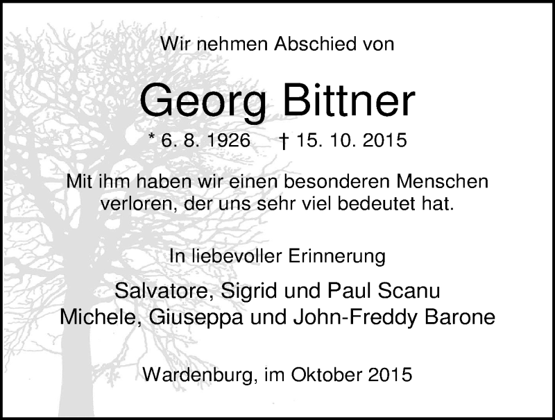  Traueranzeige für Georg Bittner vom 22.10.2015 aus Nordwest-Zeitung