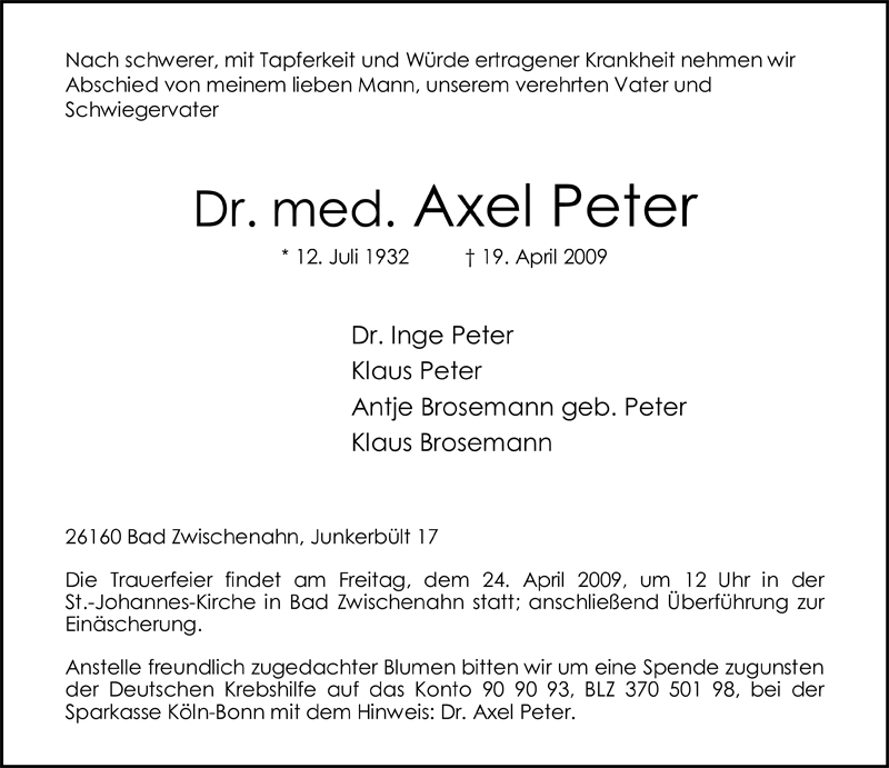  Traueranzeige für Axel Peter vom 22.04.2009 aus Nordwest-Zeitung