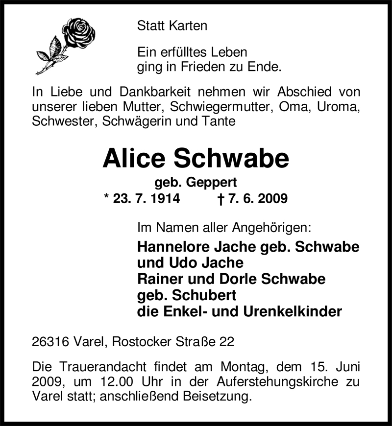  Traueranzeige für Alice Schwabe vom 08.06.2009 aus Nordwest-Zeitung