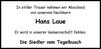 Traueranzeige von Hans Laue von Nordwest-Zeitung
