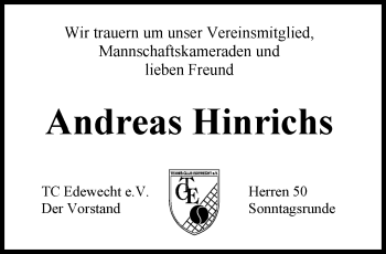 Traueranzeige von Andreas Hinrichs von Nordwest-Zeitung