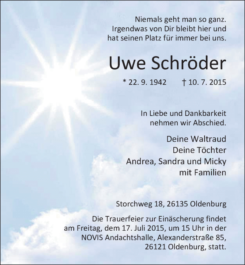  Traueranzeige für Uwe Schröder vom 15.07.2015 aus Nordwest-Zeitung