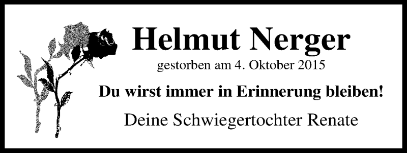  Traueranzeige für Helmut Nerger vom 08.10.2015 aus Nordwest-Zeitung