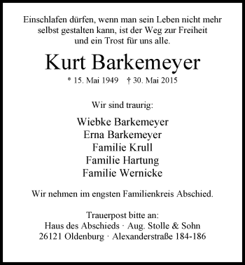 Traueranzeige von Kurt Barkemeyer von Nordwest-Zeitung