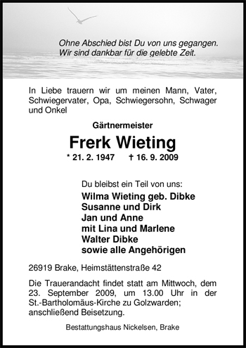 Traueranzeige von Frerk Wieting von Nordwest-Zeitung