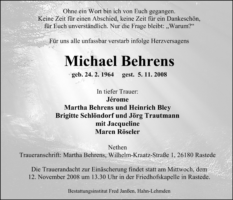  Traueranzeige für Michael Behrens vom 10.11.2008 aus Nordwest-Zeitung