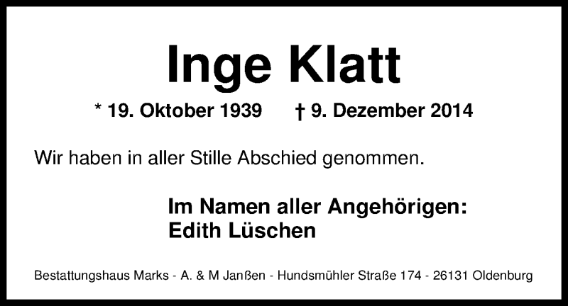  Traueranzeige für Inge Klatt vom 20.12.2014 aus Nordwest-Zeitung