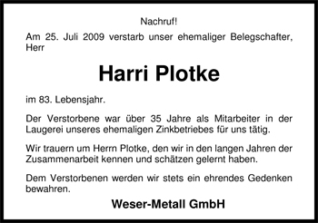 Traueranzeige von Harri Plotke von Nordwest-Zeitung