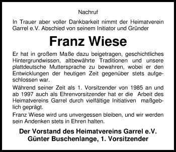 Traueranzeige von Franz Wiese von Nordwest-Zeitung