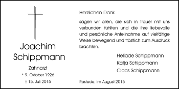 Traueranzeige von Joachim Schippmann von Nordwest-Zeitung