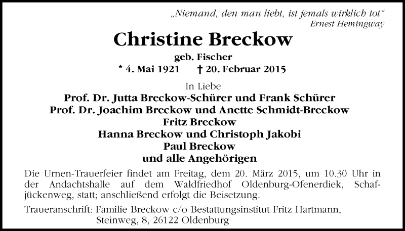  Traueranzeige für Christine Breckow vom 07.03.2015 aus Nordwest-Zeitung
