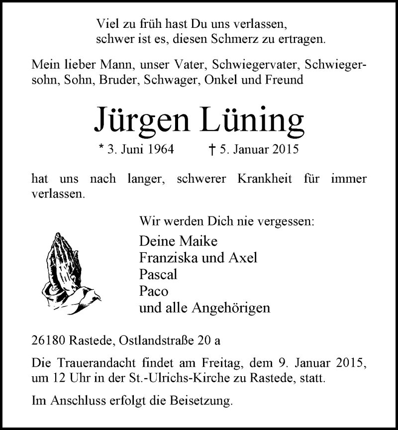  Traueranzeige für Jürgen Lüning vom 07.01.2015 aus Nordwest-Zeitung