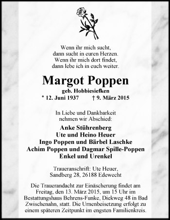 Traueranzeige von Margot Poppen von Nordwest-Zeitung