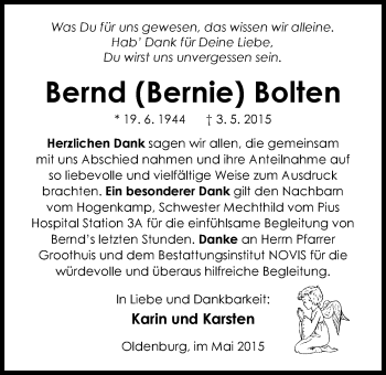 Traueranzeige von Bernd (Bernie) Bolten von Nordwest-Zeitung
