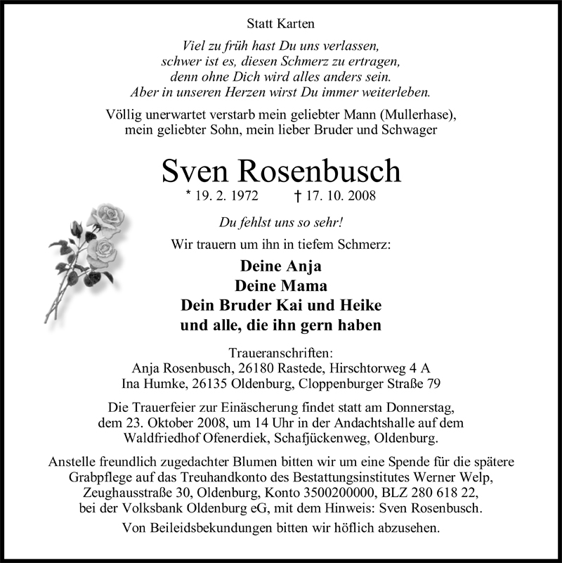  Traueranzeige für Sven Rosenbusch vom 21.10.2008 aus Nordwest-Zeitung