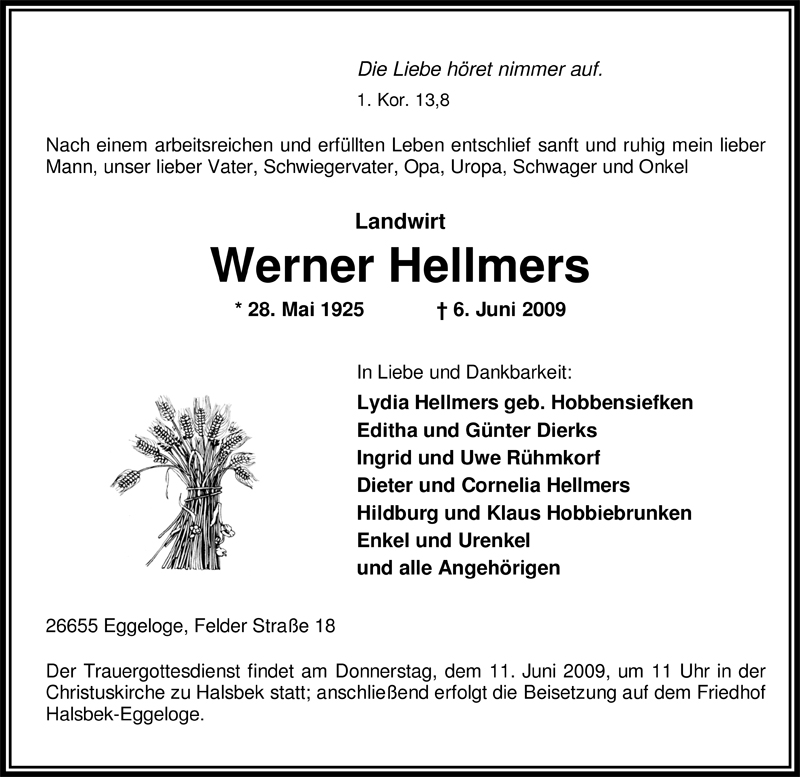  Traueranzeige für Werner Hellmers vom 08.06.2009 aus Nordwest-Zeitung