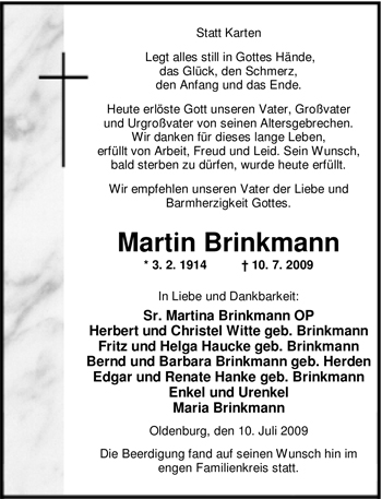 Traueranzeige von Martin Brinkmann von Nordwest-Zeitung